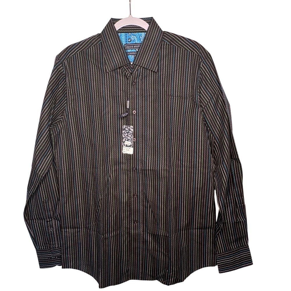 NWT David Smith Mens L Egyptian Cotton Paisley Flip Cuff Stripe Dandy Peacocking